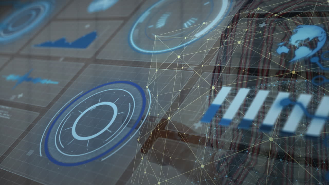 Man wearing glasses red and black plaid shirt interacting with floating tech charts, network nodes