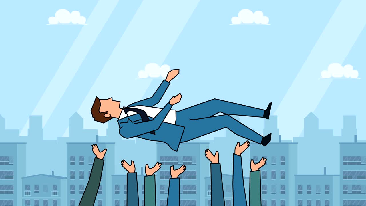 평평한 만화 사업가 캐릭터 던지기 손 애니메이션