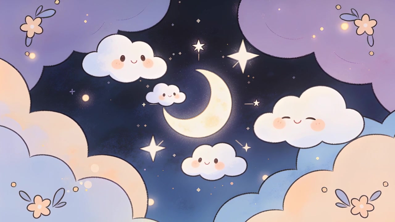 Starting soft motion crescent moon glowing, 3 smiling clouds drifting in sky, stars forming calm