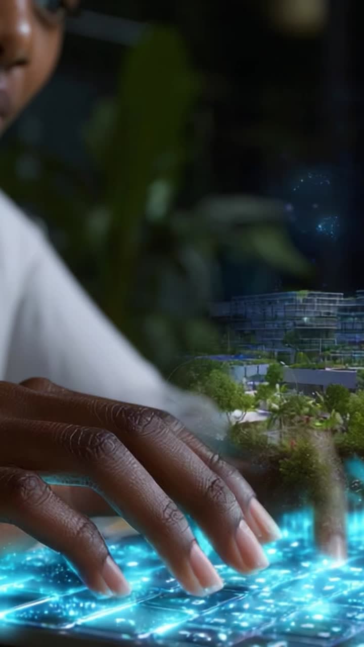 Futuristic Interaction: A close-up of a hand engaging with a holographic interface, seamlessly blending technology and nature in a digital workspace