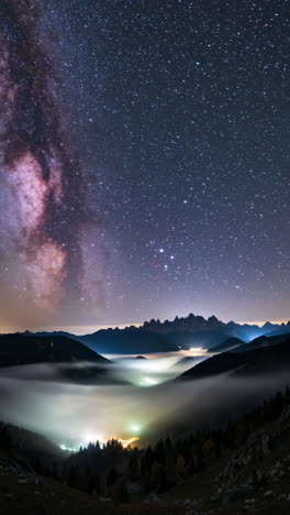 milky way galaxy above a foggy mountain valley at night