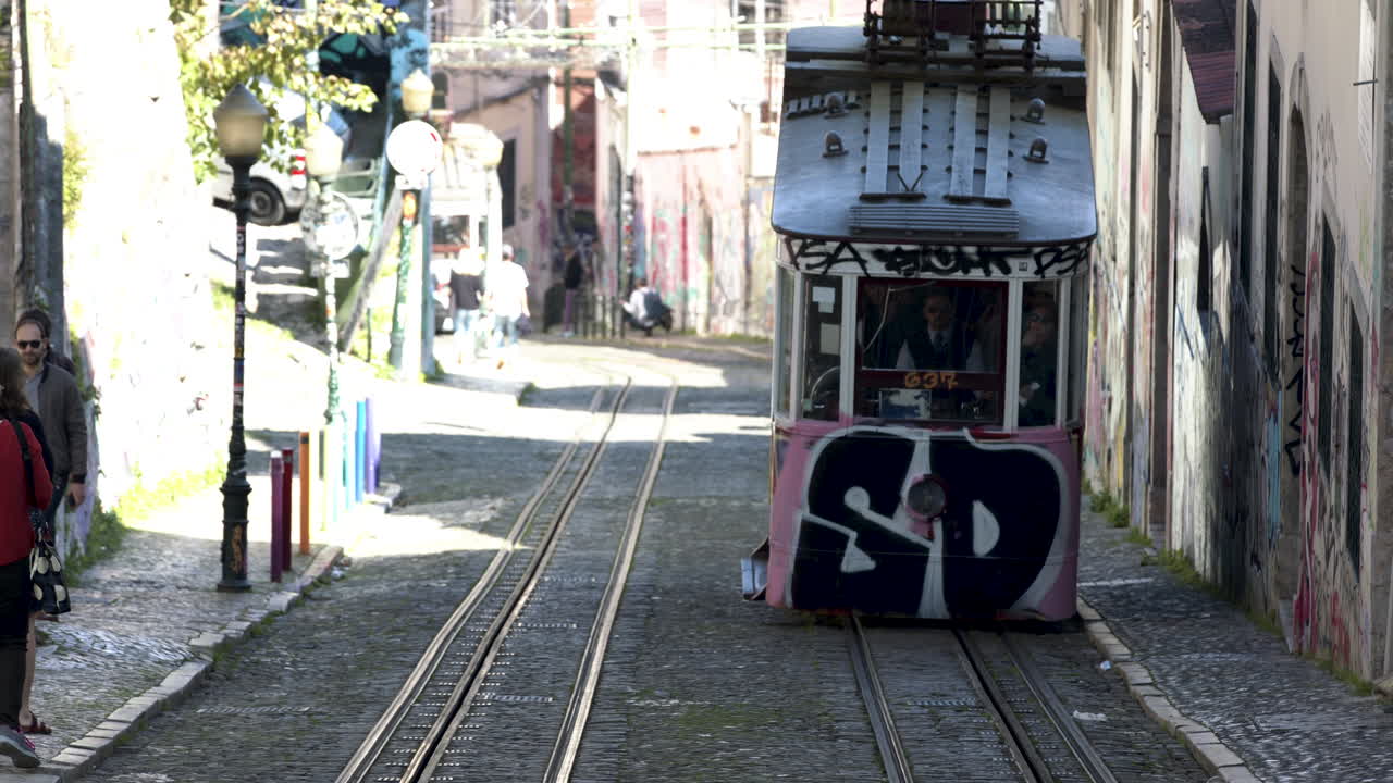 Portuguese Electric Train Going Up On The Rail Way In Calcada da Gloria, Lisbon - Wide Shot