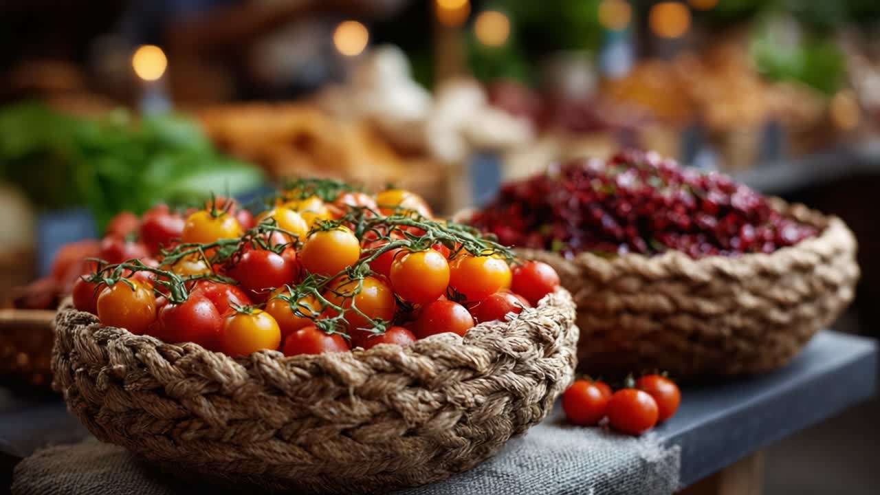 Vibrantly Fresh Market Display Featuring Lush Baskets of Colorful Cherry Tomatoes Against a Rustic Background, Capturing the Essence of Local Produce and Natural Abundance