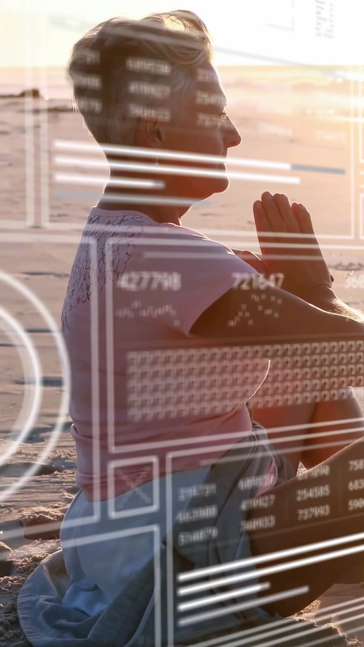 Vertical video: Senior woman kneeling, sun lowering causing prayer pose, HUD overlaying health data