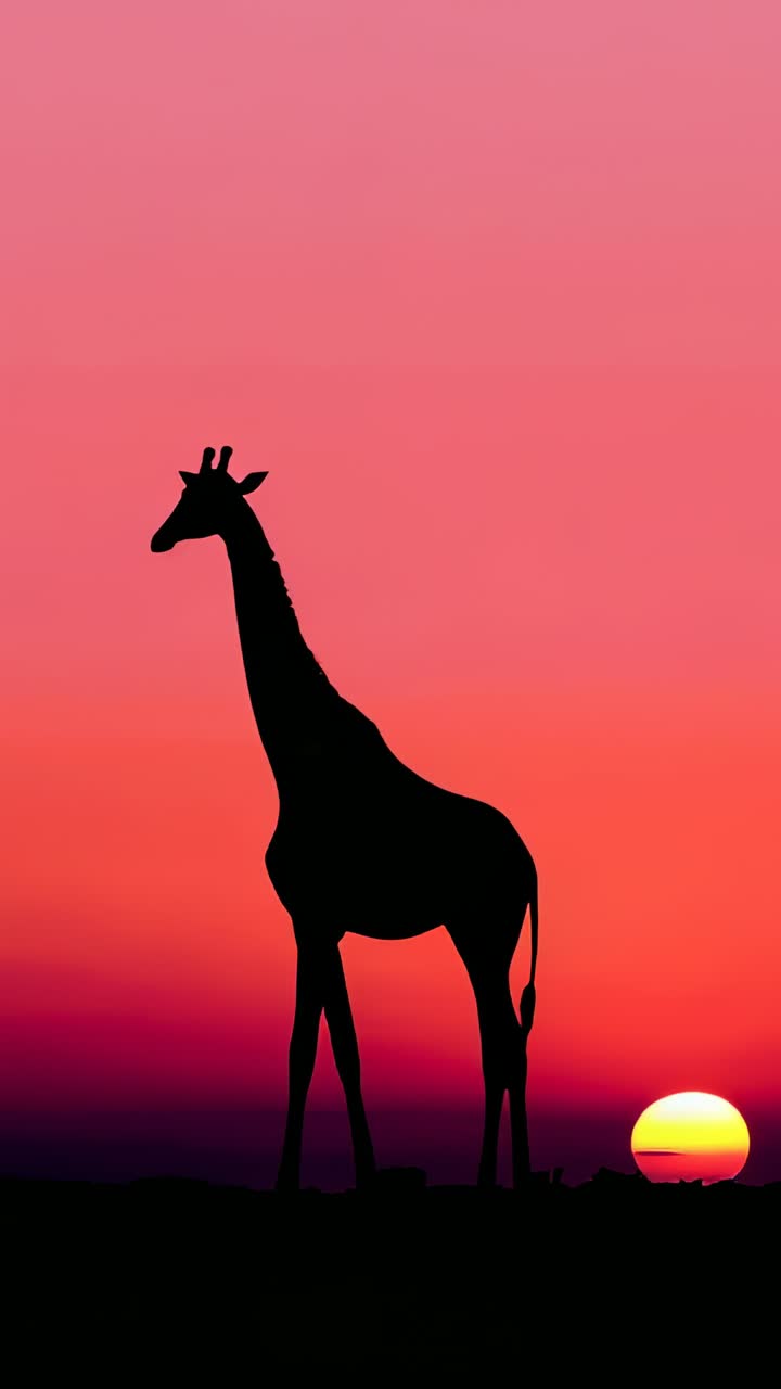 Vertical video: Responding to sun descending, giraffe silhouette stepping on savanna under pink sky