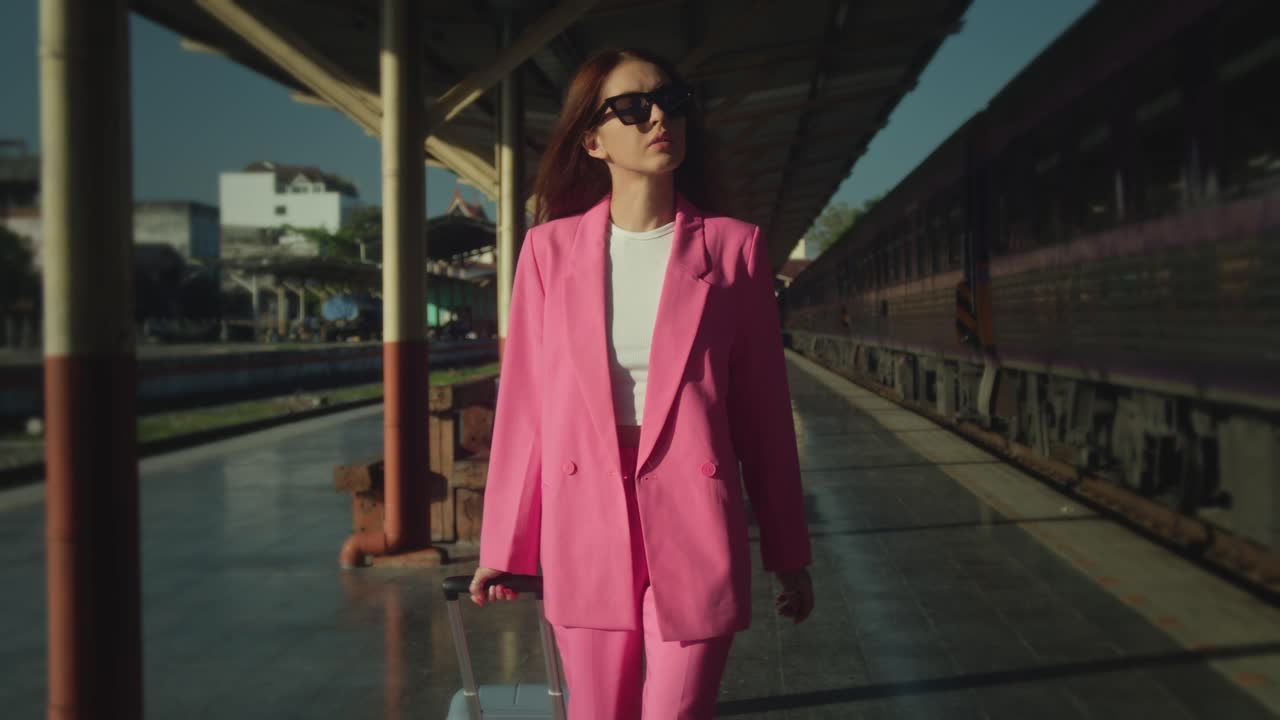 Woman in Pink Suit at Train Station