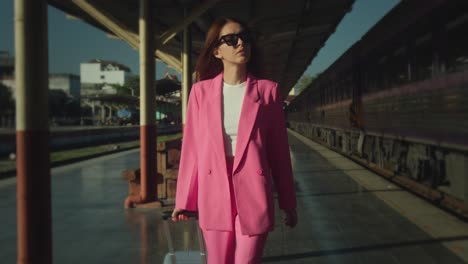 woman in pink suit at train station