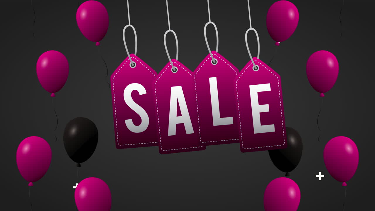 cartel comercial de liquidación de venta con etiquetas colgantes y globos de helio