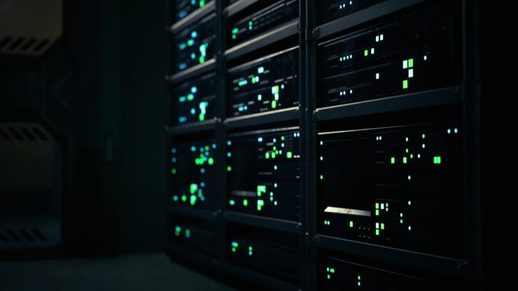 High tech data center showcases vibrant displays of active server activity
