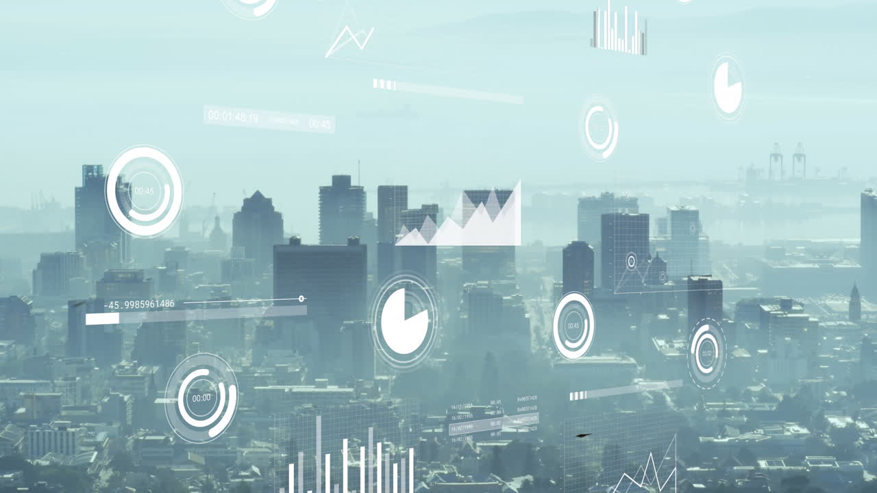 도시 풍경 위의 금융 데이터 처리 애니메이션