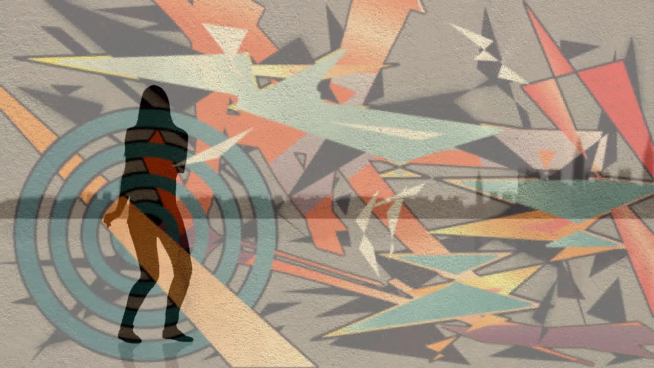 Dancing silhouette over colorful geometric shapes in abstract animation design