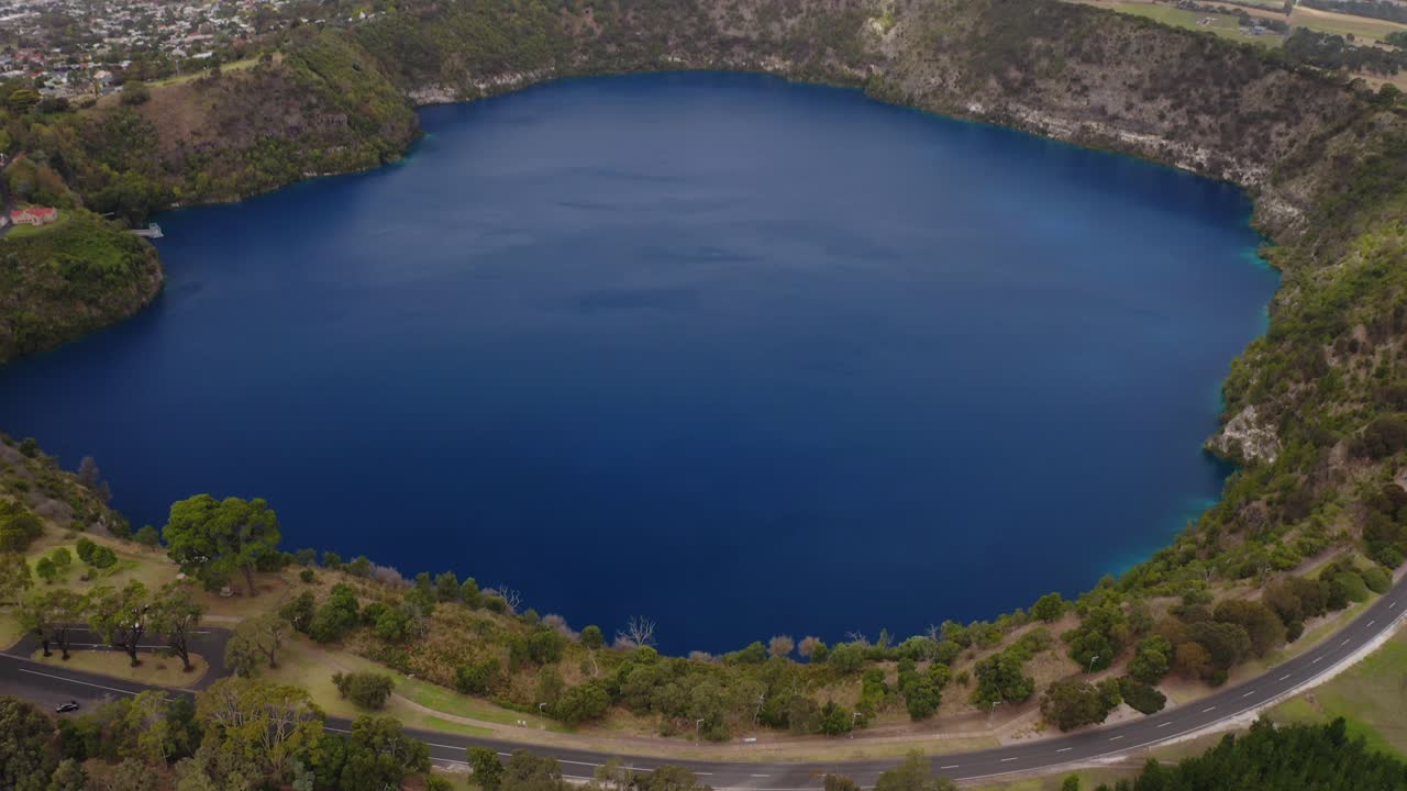 Aerial drone view of the blue lake Warwar, Mount Gambier, South Australia