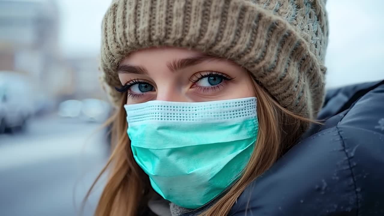 Женщина в маске на лице в снегу