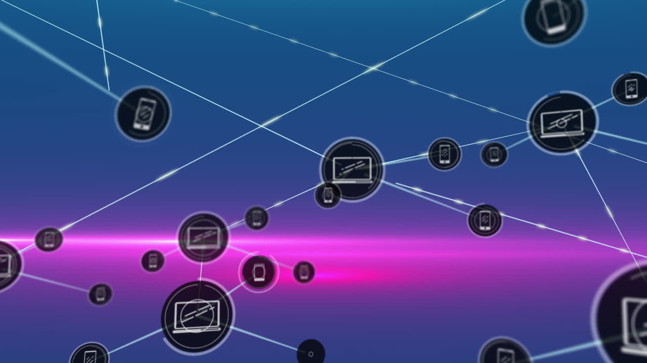 animación de la red de conexiones con iconos sobre senderos de luz sobre fondo azul