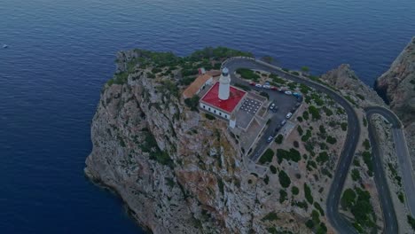 Drone-high-angle-orbit-around-Formentor-lighthouse,-Serra-de-Tramuntana-Mallorca-Spain