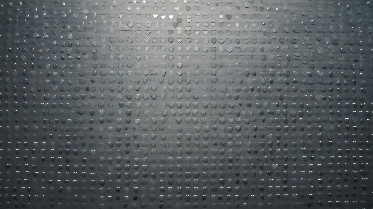 Pushing camera operator moving camera closer to grey panel in studio, revealing glossy heart grid