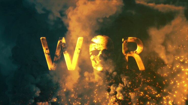Text war with man skull on bg with fire and smoke - loop video
