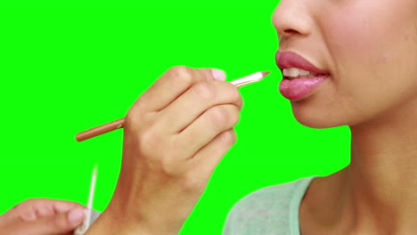 artista de maquillaje poniendo brillo para los labios en la cara de las modelos