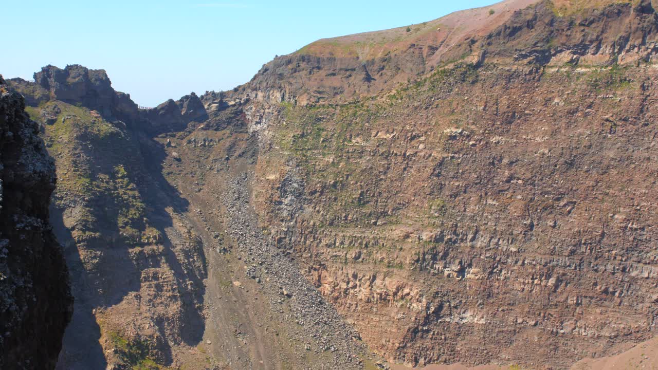 이탈리아 폼페이에 있는 베수비오 산 화산의 거대한 분화구와 절벽을 가로지르는 패닝