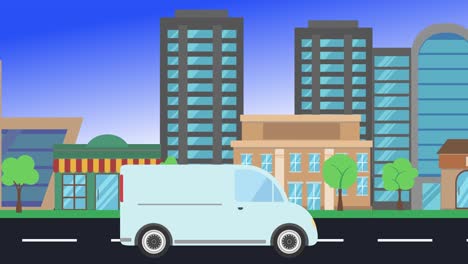 car driving rides around city side view, loop animation, flat design background