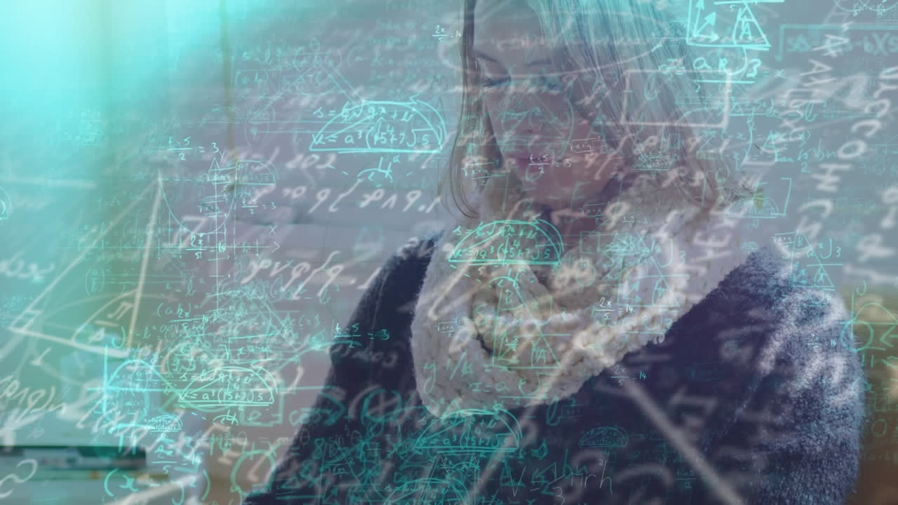 텍스트 6g의 애니메이션과 빛나는 인터페이스, 집에서 태블릿을 사용하는 여성