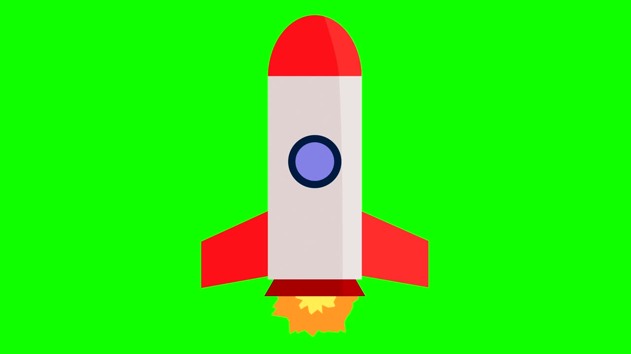 Nave spaziale a razzo animata in stile cartone animato, green screen, chroma key