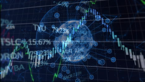 financial data and stock market chart animation over globe and network connections