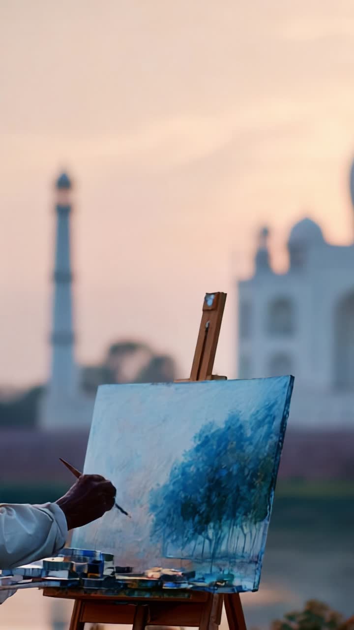 A Scenic Artist Captures Nature's Beauty with a Brush Against a Backdrop of Historical Architecture in a Beautiful Twilight Setting