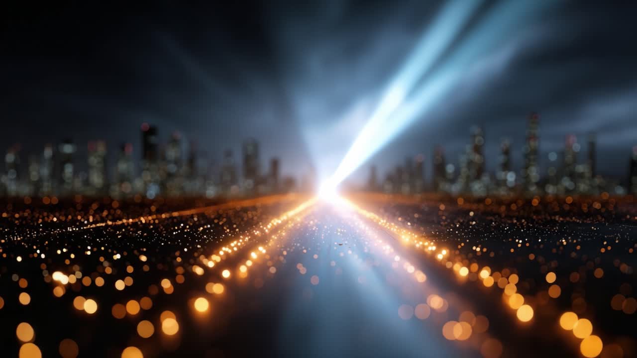 Sentiero illuminante: un viaggio attraverso la luce radiosa e le particelle scintillanti che conduce a un orizzonte abbagliante in un paesaggio urbano moderno di notte