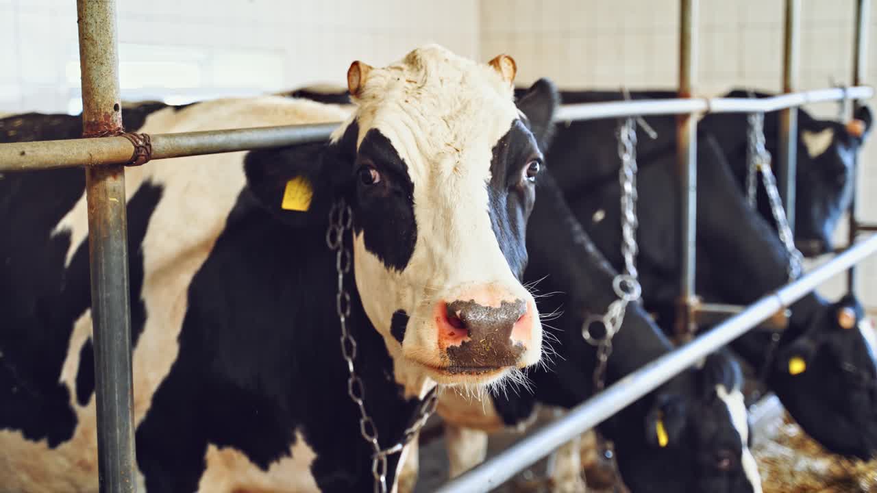Close-up view on black and white cow in the cowshed. Dairy cow with cutted horns looking at camera on the farm.