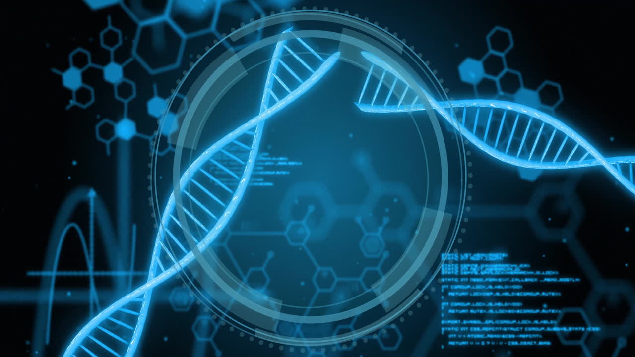 Animation of digital data processing over dna strands spinning on black background