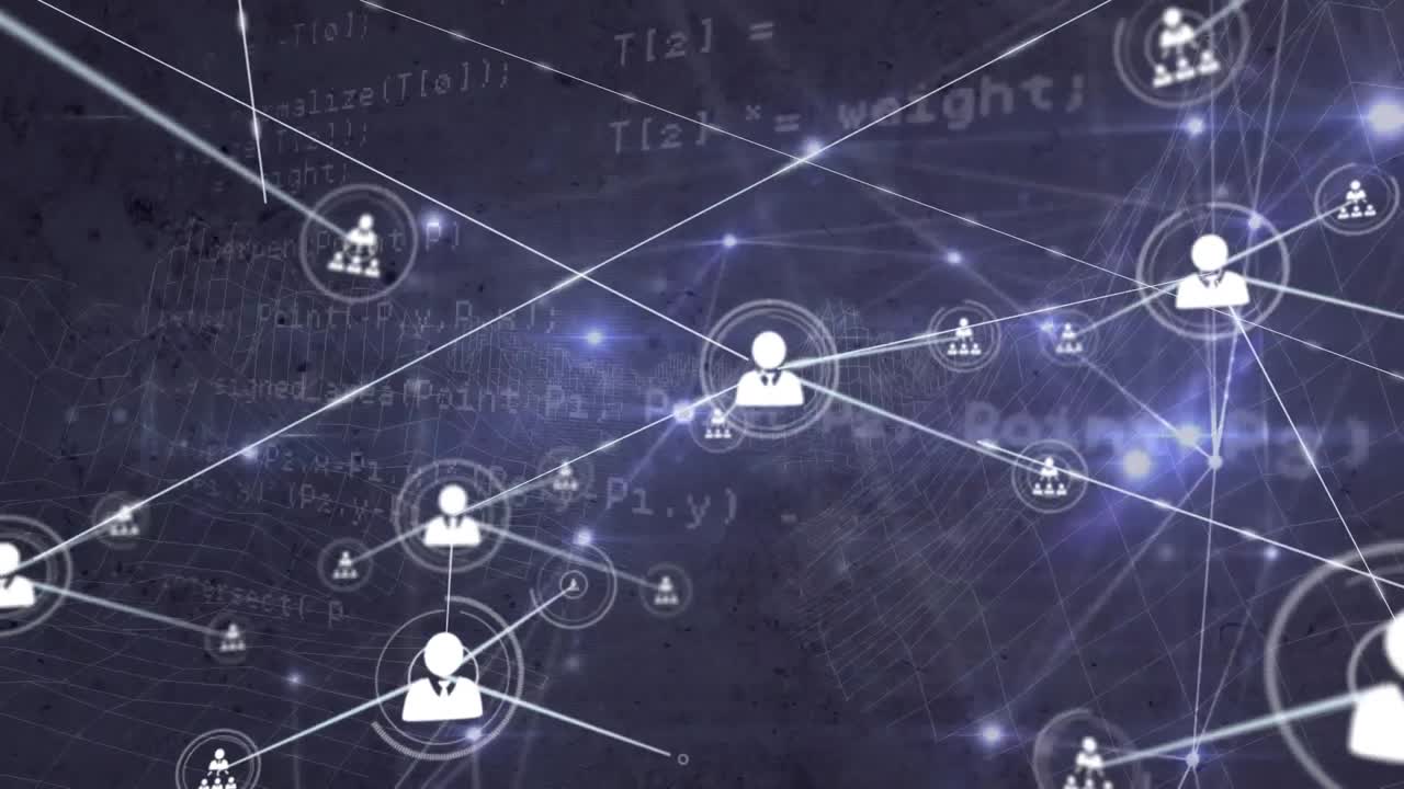 Animation of network of connections with icons and network of connections on black background