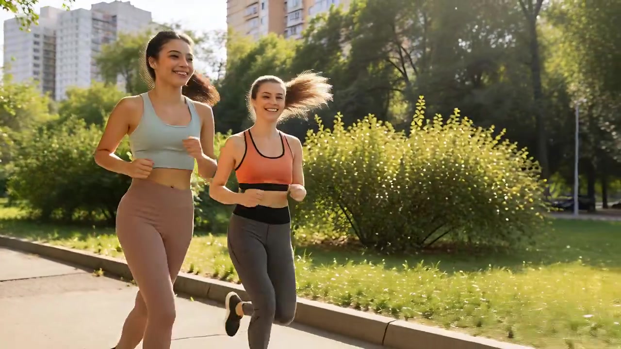 Duas mulheres correndo em ritmo sincronizado por um caminho no parque para manter a forma, usando tops esportivos e leggings.