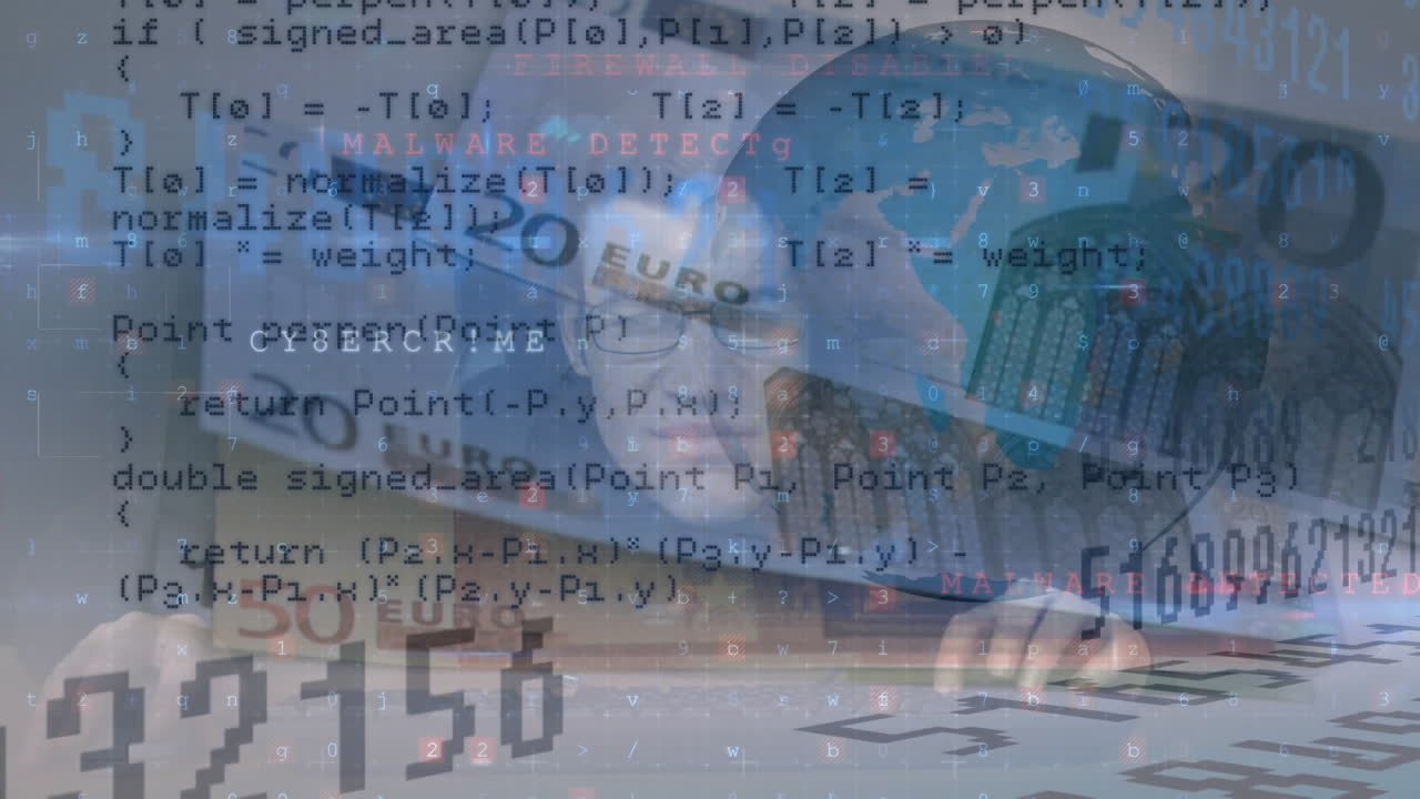 animación del circuito de integración y el candado de seguridad sobre los billetes en euros que caen