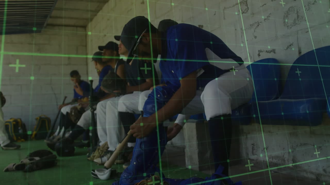 In school, animation overlaying baseball players sitting on bench in digital grid