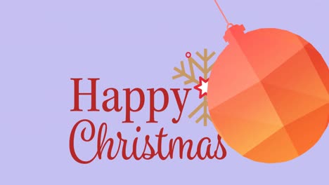 Animation-of-orange-christmas-bauble-over-christmas-greetings-on-purple-background