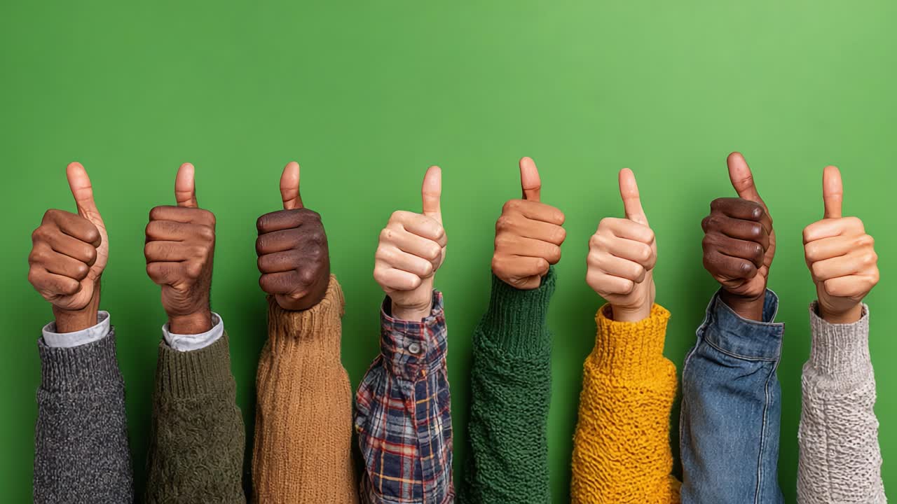 Un gruppo eterogeneo di mani che alzano il pollice su uno sfondo verde vivace, a simboleggiare approvazione e affermazione positiva in unità