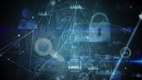 red de conexiones y procesamiento de datos a través de iconos de bloqueo de seguridad y conexiones de microprocesador