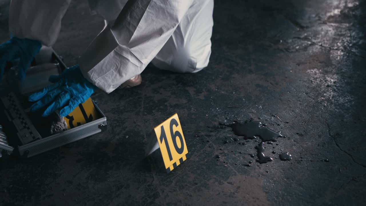 Detective in crime scene put evidence markers by Homicide Blood spatter ,close up static shot