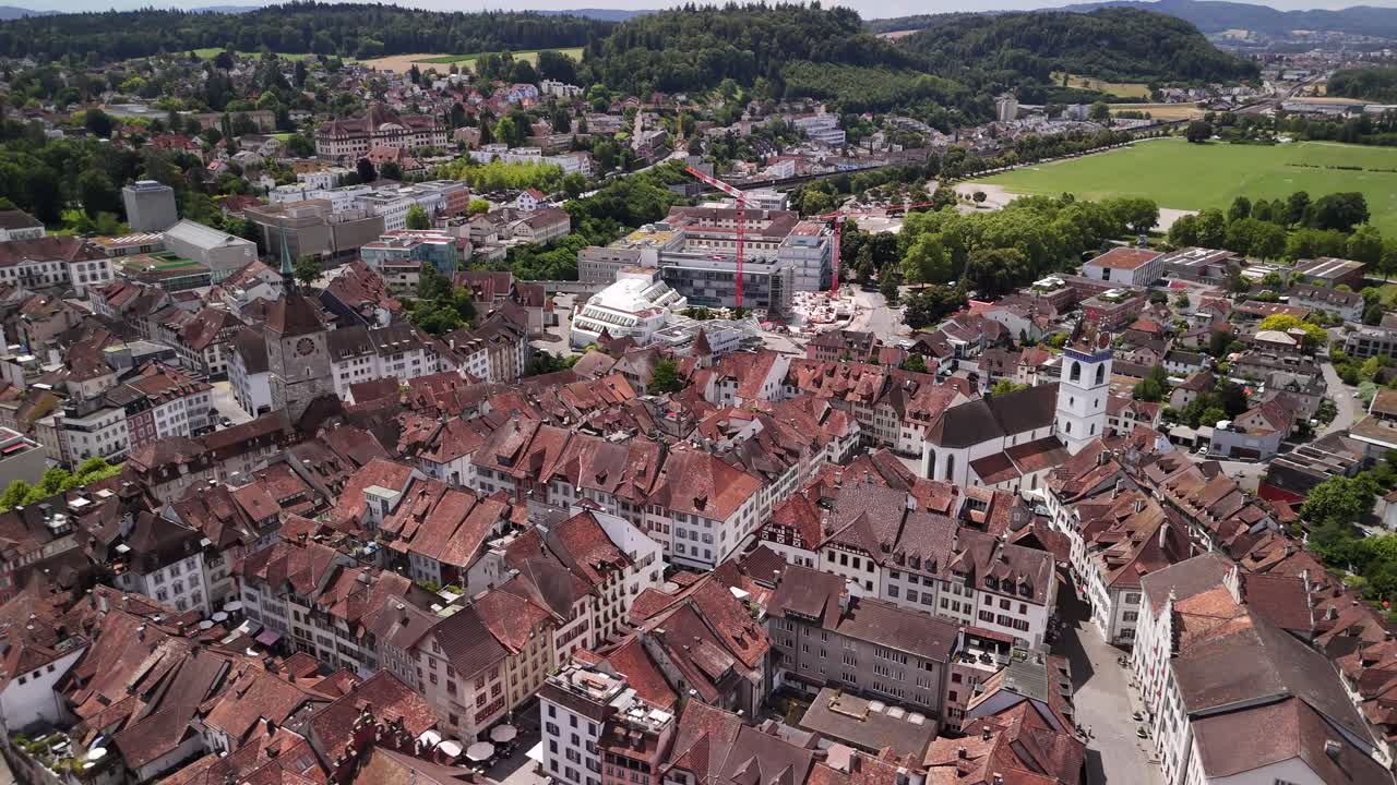 Aarau old town Switzerland aerial drone Europe over buildings roof main square