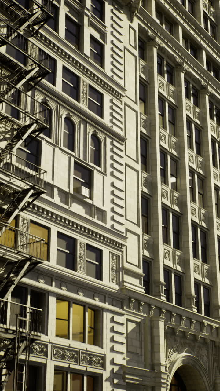 Historic building featuring ornate architecture and fire escape at dusk