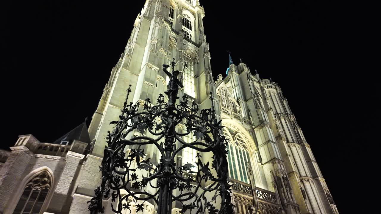 Cathedral of Our Lady in Antwerp illuminated at night
