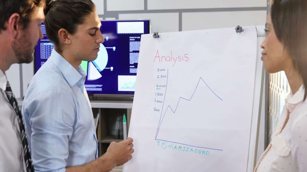 ejecutivo masculino dando una presentación a sus colegas en la sala de conferencias 4k