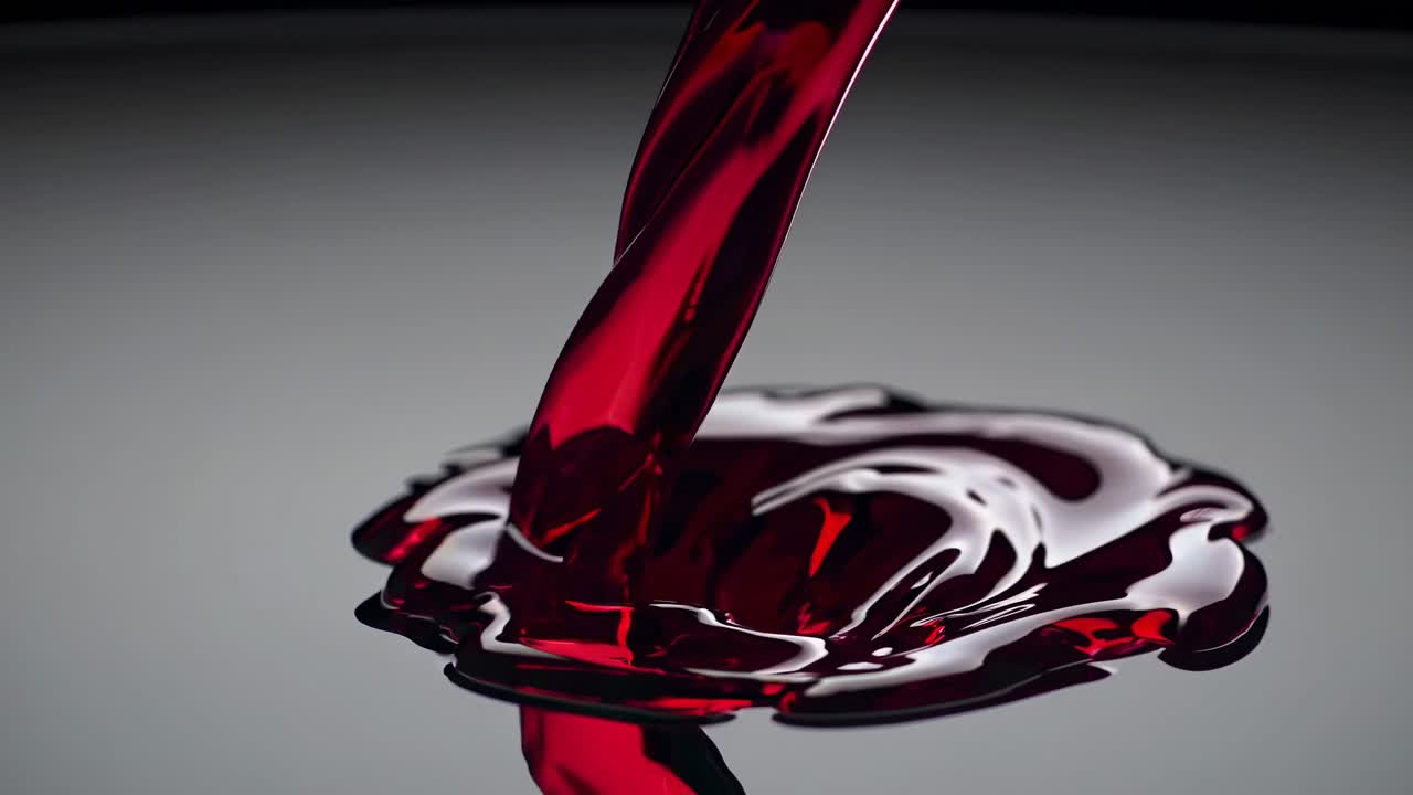 Close-up video shot of red liquid pouring, creating ripples on a reflective surface