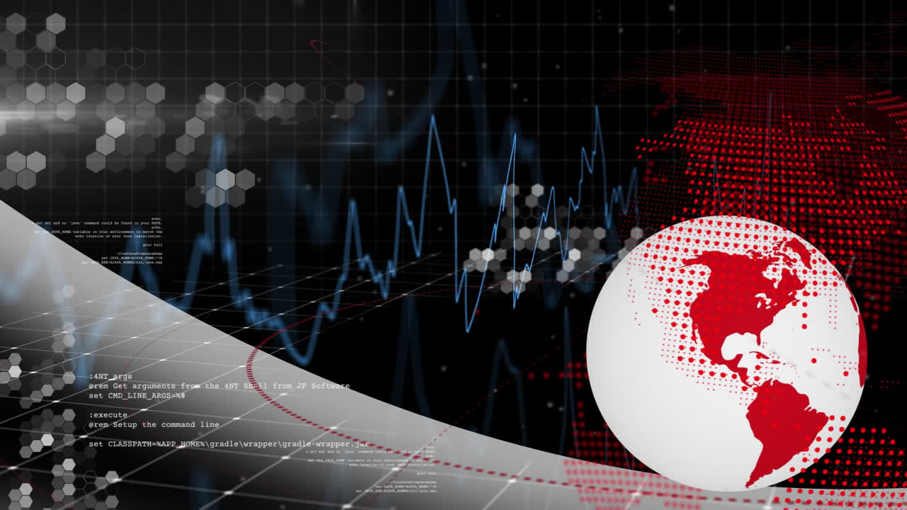 Digital data and graphs animating on red globe, technology concept in focus