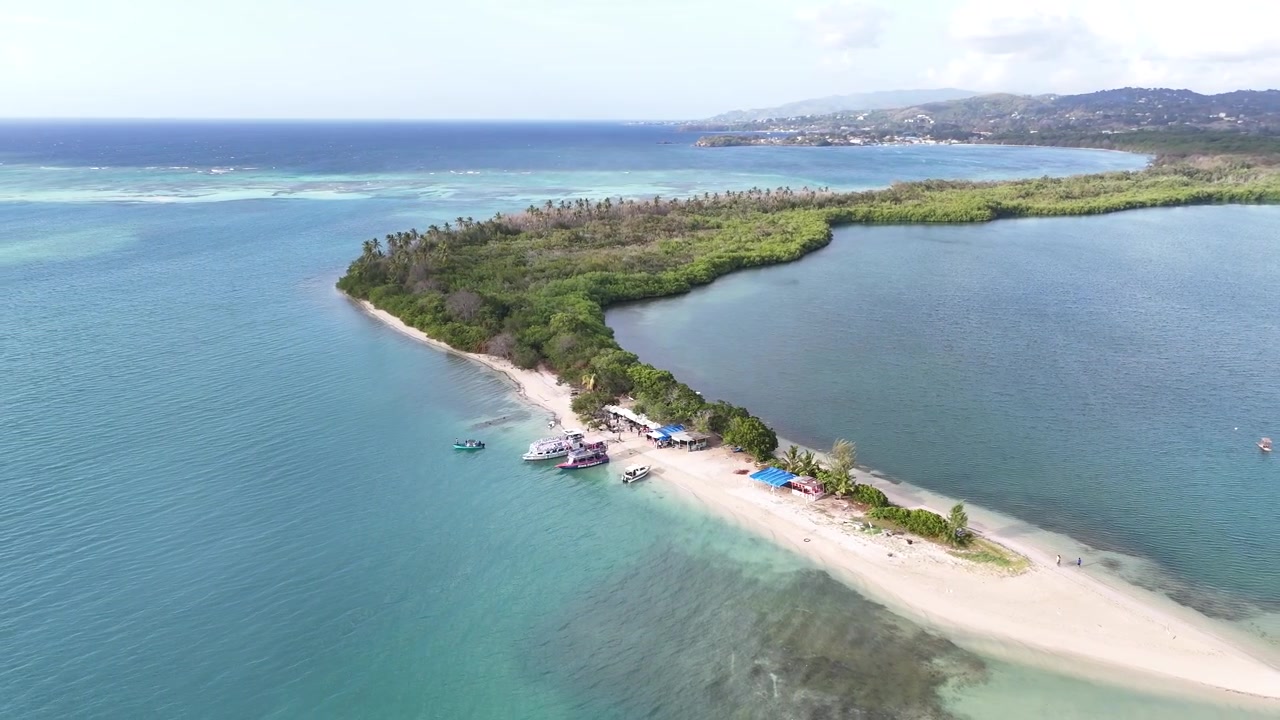 Vista aerea della lingua di sabbia No Man's Land e delle barche turistiche nell'isola di Tobago, Trinidad e Tobago
