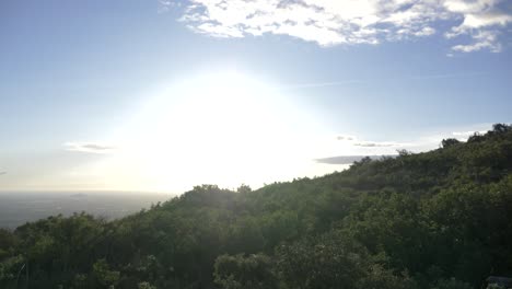 Panning-on-top-of-a-mountain-looking-at-blue-skies-and-lots-of-trees-in-a-forest-in-Spain