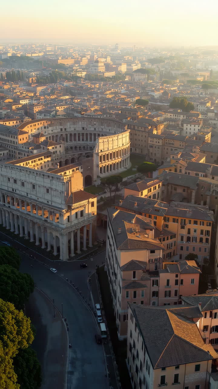 Vista aerea del Colosseo a Roma all'alba/tramonto