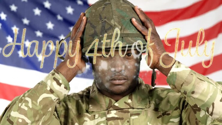 Animation of text of happy 4th of july over african american male soldier with usa flag