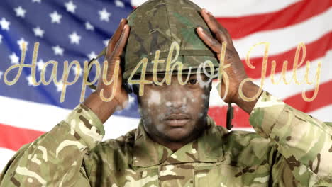 animation of text of happy 4th of july over african american male soldier with usa flag